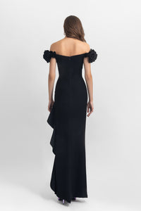 Ruffled off-shoulders crepe dress with an asymmetrical skirt with ruffled details and a
 slit on the side - HerTrove