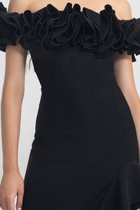 Ruffled off-shoulders crepe dress with an asymmetrical skirt with ruffled details and a
 slit on the side - HerTrove