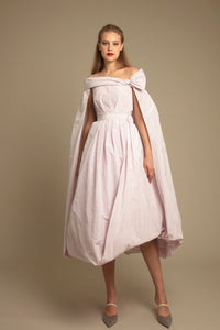 Cape included off shoulder bow detailed asymmetric midi dress - HerTrove