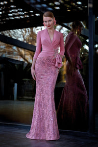 HerTrove - Gathered bodice mermaid beaded gown