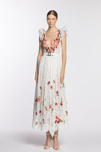 HerTrove-Ruffled shoulders embroidered midi dress