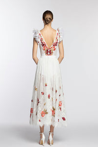 HerTrove-Ruffled shoulders embroidered midi dress