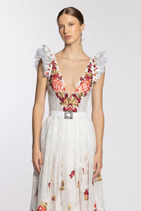 HerTrove-Ruffled shoulders embroidered midi dress