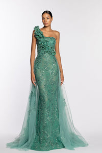 One shoulder emerald Green dress adorned with beads Green / FR 34 One shoulder emerald Green dress adorned with beads Green / FR 34