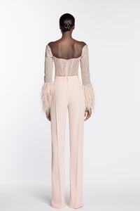 HerTrove-Fully beaded feathered top with crepe pants