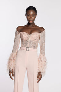 HerTrove-Fully beaded feathered top with crepe pants