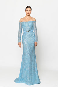 Her Trove - Fully beaded off shoulder gown