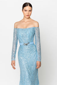 Her Trove - Fully beaded off shoulder gown