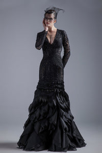 Deep V long sleeves fully beaded gown - HerTrove