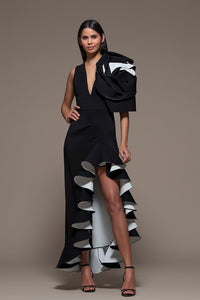 Plunging Neckline Ruffled side Slit Dress - HerTrove