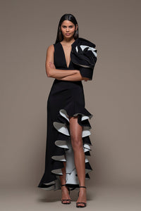 Plunging Neckline Ruffled side Slit Dress - HerTrove