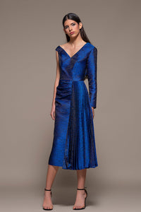 One Sleeve Pleated Midi Dress - HerTrove