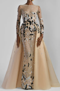 Her Trove - Skin tulle gold and black beaded dress