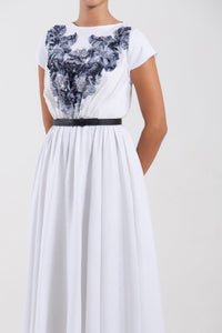 Her Trove - Blue printed belted linen dress