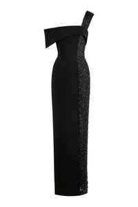 Her Trove - Asymmetrical shoulders beaded dress