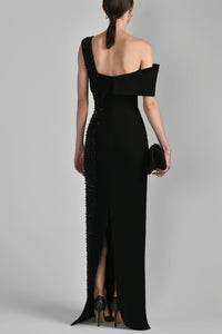 Her Trove - Asymmetrical shoulders beaded dress