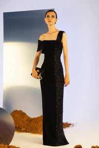 Her Trove - Asymmetrical shoulders beaded dress