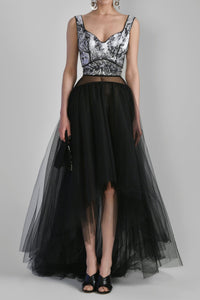 Her Trove - Satin printed crop top with tulle skirt