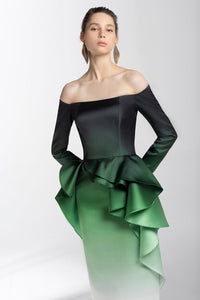 HerTrove-Ruffled waistline off shoulder gradient dress