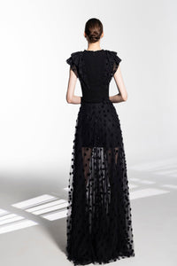 HerTrove-Beaded crepe and tulle polka dot dress