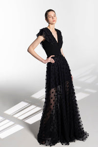 HerTrove-Beaded crepe and tulle polka dot dress