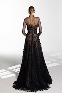 HerTrove-Long sleeves beaded polka dot dress 