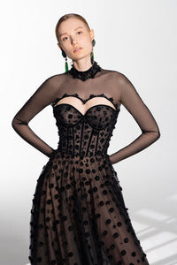 HerTrove-Long sleeves beaded polka dot dress 