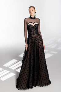 HerTrove-Long sleeves beaded polka dot dress 