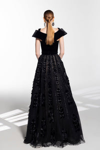HerTrove-Velvet bodice belted A line dress