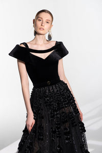 HerTrove-Velvet bodice belted A line dress