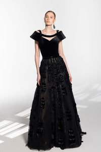 HerTrove-Velvet bodice belted A line dress