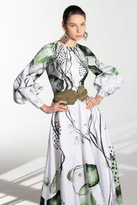 HerTrove-Bell sleeves printed taffeta dress