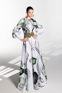HerTrove-Bell sleeves printed taffeta dress