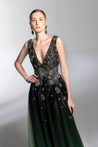 HerTrove-Plunging neckline fradient beaded dress