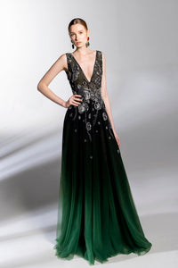 HerTrove-Plunging neckline fradient beaded dress