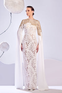 HerTrove-Guipure and embroidery gown with crepe sleeves
