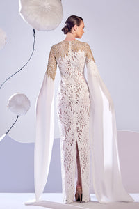 HerTrove-Guipure and embroidery gown with crepe sleeves