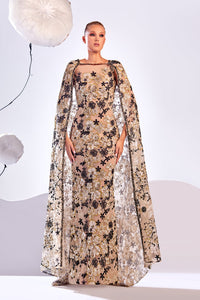 HerTrove-Floral motif fully embroidered dress with cape