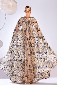 HerTrove-Floral motif fully embroidered dress with cape