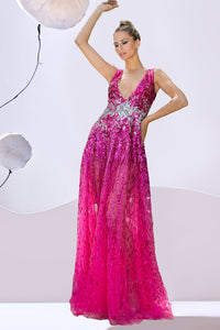 HerTrove-Deep V neckline sequins beaded gown