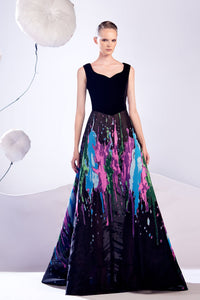 HerTrove-Velvet bodice printed organza dress