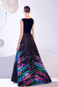 HerTrove-Velvet bodice printed organza dress
