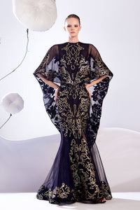 HerTrove-Tulle dress with cape and golden threads
