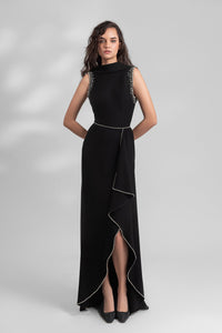 HerTrove-High collar crepe dress with beaded shoulders