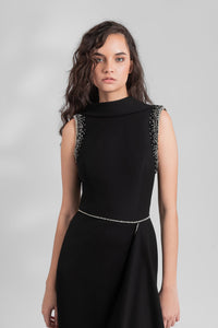 HerTrove-High collar crepe dress with beaded shoulders