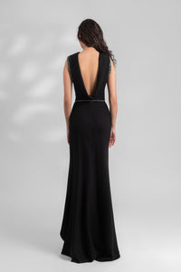 HerTrove-High collar crepe dress with beaded shoulders