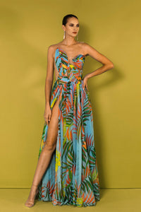 HerTrove-High slit printed chiffon dress