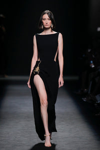 HerTrove-Cut out bodice high slit crepe dress