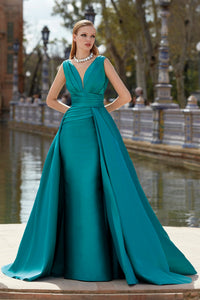 Pleated bodice mikado dress with overskirt Green / FR 40