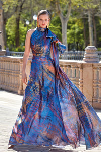 HerTrove-Halter neck printed flowy dress